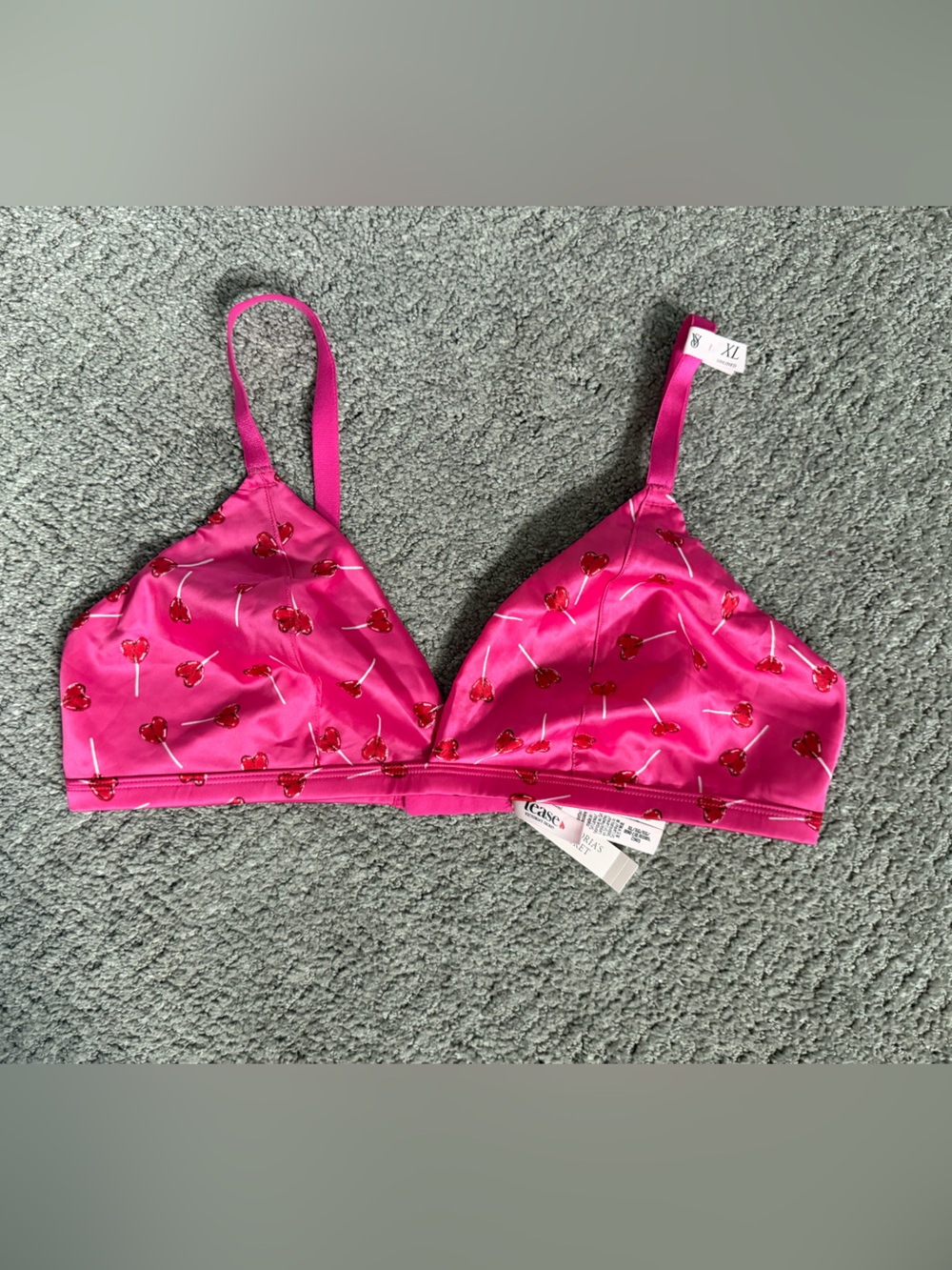 Victoria's Secret Hot Pink Satin Bralette with Red Cherry Print Tease Sz XL NEW